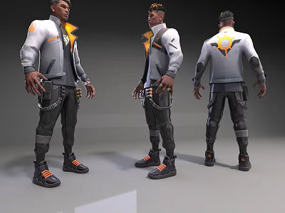 Game Character 3D Model Gray White Jacket Orange Accents Waist Chains Headpiece Orange Sole Shoes 3d model