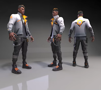 Game Character 3D Model Gray White Jacket Orange Accents Waist Chains Headpiece Orange Sole Shoes 3d model
