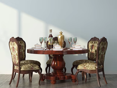 Classic Wooden Dining Table Set with Floral Patterned Chairs Wine Bottles Glasses and Decorative Vase 3d model