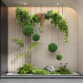 Lush Indoor Landscape With Hanging Spherical Plants Ground Greenery And Stone