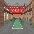 Vintage Factory Workshop With Green Machines Red Brick Walls And Banners