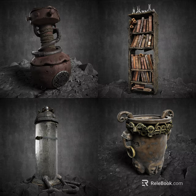 Ornamental Vintage Decor Collection Featuring Pottery Jars Metal Columns And Intricate Patterns 3d model 