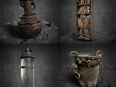 Ornamental Vintage Decor Collection Featuring Pottery Jars Metal Columns And Intricate Patterns 3d model