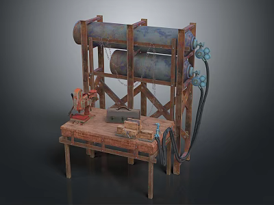 Vintage Industrial Functional Workbench with Wooden Support Frame Metal Cylinders Red Grinder and Black Hoses 3d model