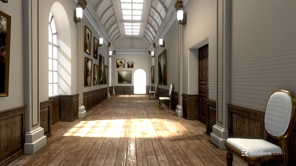 Spacious Elevator Hallway Interior Design With Arched Ceiling Wooden Floor And Paintings 3d model 