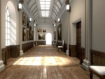 Spacious Elevator Hallway Interior Design With Arched Ceiling Wooden Floor And Paintings 3d model