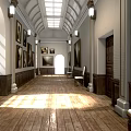 Spacious Elevator Hallway Interior Design With Arched Ceiling Wooden Floor And Paintings