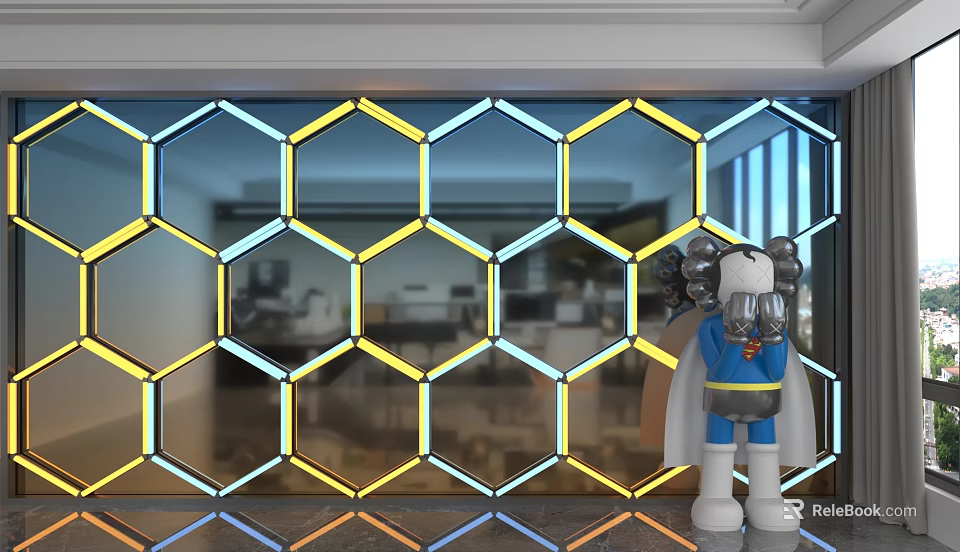 Modern Hexagonal Glass Background Wall With Yellow And Blue Light Strips 3d model 