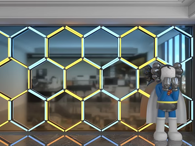 Modern Hexagonal Glass Background Wall With Yellow And Blue Light Strips 3d model