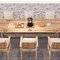 Wooden Outdoor Table with Chairs Cushions Tea Set and Fruits by Brick Wall Greenery