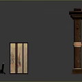 Traditional Japanese Torii Gate And Folding Screen Display With Painted Panels Calligraphy Brush And Inkstone