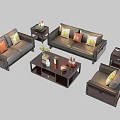 Modern Dark Brown Living Room Sofa and Coffee Table Set with Pillows Side Tables 3d model