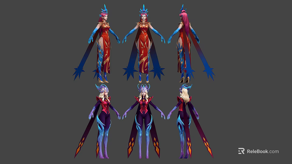 Female Character Designs With Elaborate Costumes Multiple Angles And Colorful Headpieces 3d model 