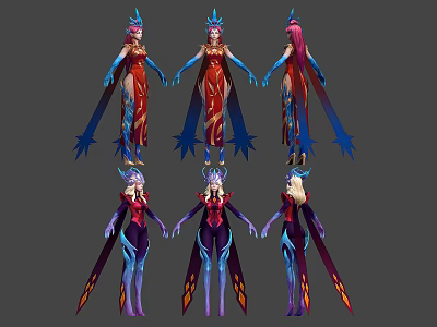 Female Character Designs With Elaborate Costumes Multiple Angles And Colorful Headpieces 3d model