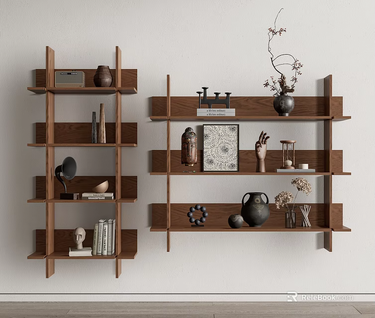 Wooden Multilayer Shelving Units Decorated With Vases Sculptures Books And Artworks For Home Decor 3d model 