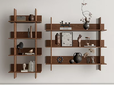 Wooden Multilayer Shelving Units Decorated With Vases Sculptures Books And Artworks For Home Decor 3d model