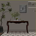 Wooden Entryway Console Table With Carved Legs Green Plants Vase Books Framed Art Wall Niche