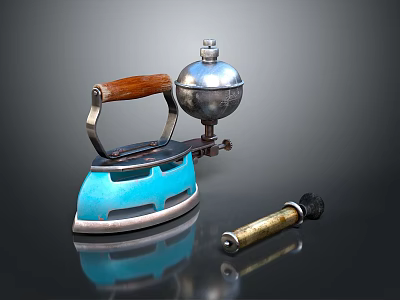 Vintage Electric Iron With Wooden Handle And Metal Accessories On Reflective Surface 3d model