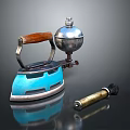 Vintage Electric Iron With Wooden Handle And Metal Accessories On Reflective Surface
