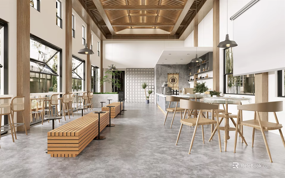 Cafe Interior Design With Wooden Ceiling Long Benches Green Plants And Large Windows 3d model 