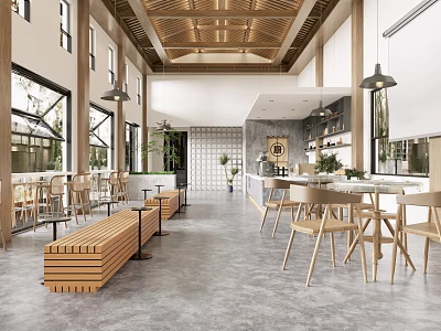 Cafe Interior Design With Wooden Ceiling Long Benches Green Plants And Large Windows 3d model