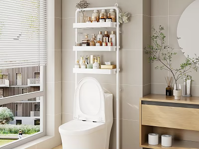 Practical Bathroom Shelf with Toiletries Bottles Wooden Cabinet and Green Plants Near Light Tiles Window 3d model