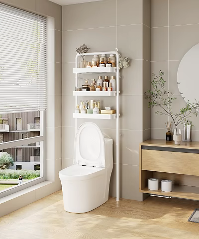 Practical Bathroom Shelf with Toiletries Bottles Wooden Cabinet and Green Plants Near Light Tiles Window 3d model