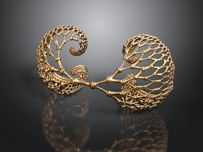 Detailed Golden Organ And Hair Structure With Intricate Mesh Design And Curved Patterns 3d model