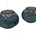 Teal Ceramic Vessels With Carved Patterns And Silver Patterned Lids Brown Trim 3d model