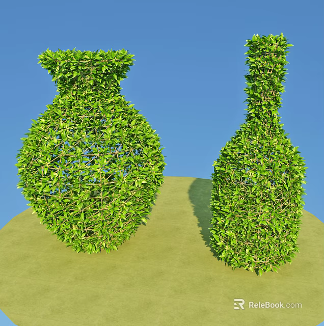 Well Trimmed Bushes Shaped As Vase And Bottle Against Blue Sky Background 3d model 