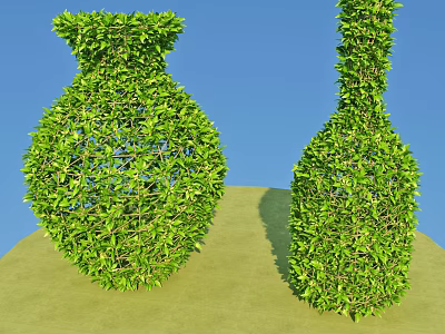 Well Trimmed Bushes Shaped As Vase And Bottle Against Blue Sky Background 3d model