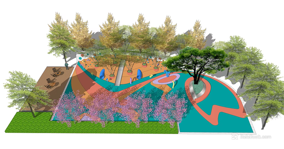Children's Play Area With Colorful Curved Paths Green Trees And Play Equipment 3d model 