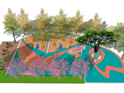 Children's Play Area With Colorful Curved Paths Green Trees And Play Equipment 3d model
