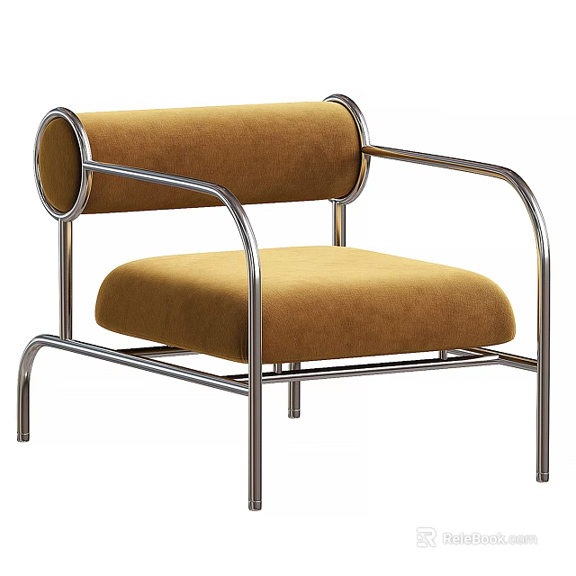 Modern Leisure Chair With Silver Metal Frame Round Armrests And Brown Cushion 3d model 