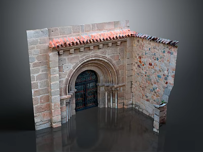 Stone Arched Entrance Gate With Black Door And Colorful Decorated Walls Red Tile Roof 3d model