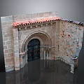 Stone Arched Entrance Gate With Black Door And Colorful Decorated Walls Red Tile Roof