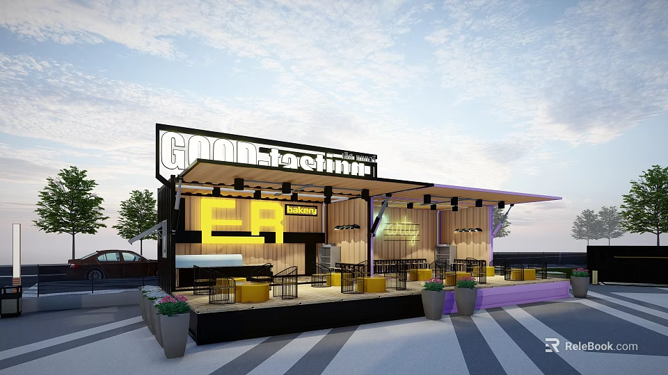 Modern Shipping Container Gastronomy Cafe With Outdoor Seating And Awning Design 3d model 
