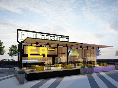 Modern Shipping Container Gastronomy Cafe With Outdoor Seating And Awning Design 3d model