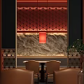 Elegant Restaurant Interior With Red Lattice Screen Stone Texture Wall Red Lantern And Brown Chairs 3d model