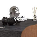 Modern Black Desk With Laptop Headphones Desk Lamp And Brown Chair