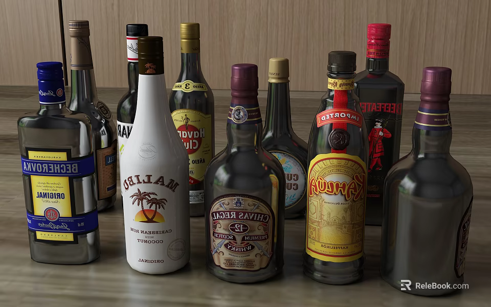 Assorted Alcohol Bottles And Glasses Arranged On Table With Various Brands And Designs 3d model 
