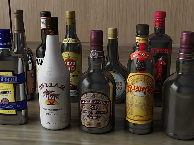 Assorted Alcohol Bottles And Glasses Arranged On Table With Various Brands And Designs 3d model