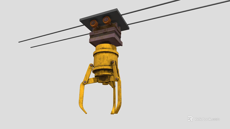 Yellow Industrial Mechanical Grabber Device With Heavy Duty Metal Structure Suspended From Cables 3d model 