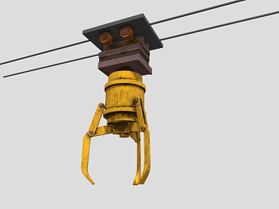 Yellow Industrial Mechanical Grabber Device With Heavy Duty Metal Structure Suspended From Cables 3d model