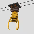 Yellow Industrial Mechanical Grabber Device With Heavy Duty Metal Structure Suspended From Cables