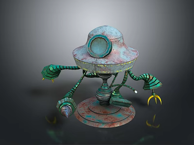 Rusty Vintage Robot Game Character With Green Mechanical Arms Round Head And Metallic Base 3d model