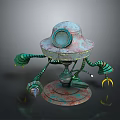 Rusty Vintage Robot Game Character With Green Mechanical Arms Round Head And Metallic Base