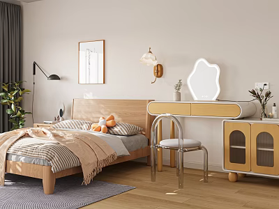 Cozy Bedroom Interior with Wooden Bed Pillows Stuffed Toys Dresser Mirror and Green Plant 3d model