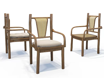 Wooden Single Chair With Rattan Backrest And Fabric Cushion Modern Classic Design 3d model