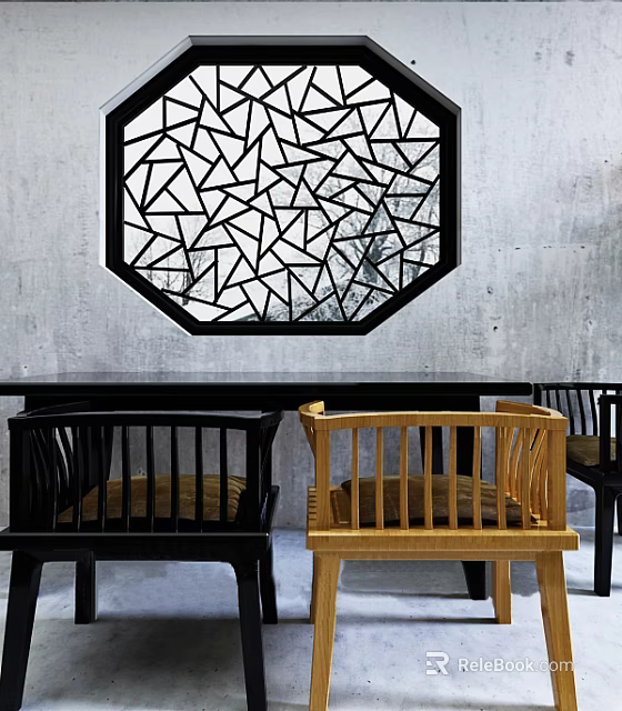 Interior Design Wooden and Black Chairs Table Set Gray Wall Geometric Window 3d model 